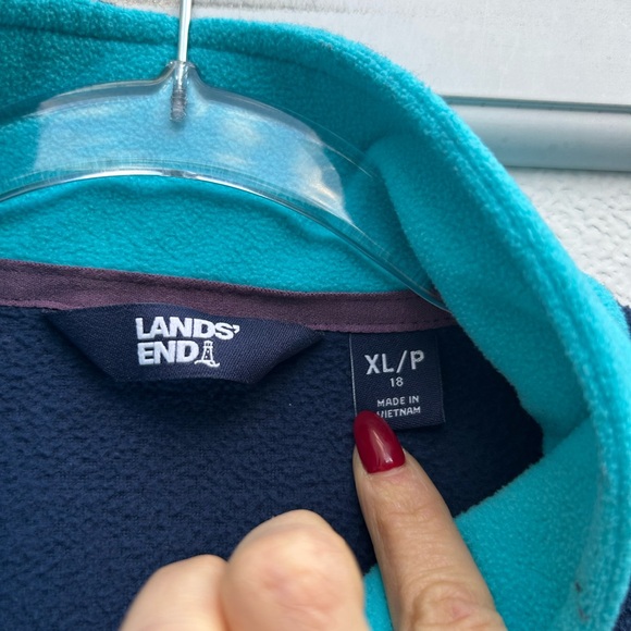 Lands End Fleece Dress Womens XL/P Color Block Blue 1/4 Zip Lounge Cozy Pockets - Picture 2 of 10